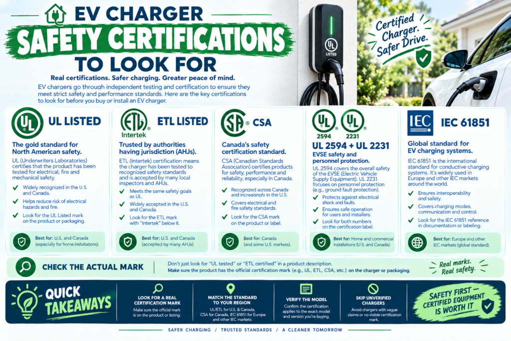 EV charger safety certifications to look for, including UL, ETL, and ENERGY STAR